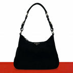 Prada Triangle Logo Tessuto Nylon Leather Shoulder Bag Black