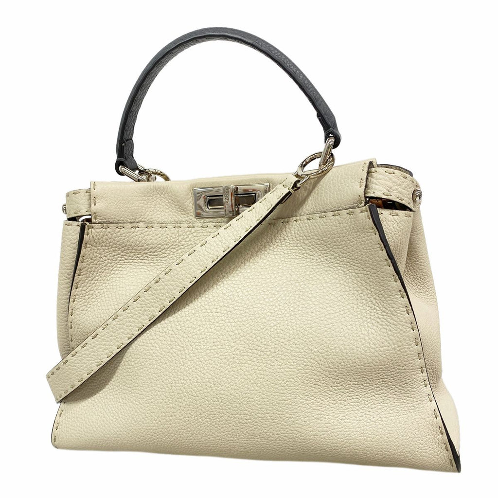 Fendi Handbag Selleria Peekaboo Leather Beige Silver 2-Way Bag