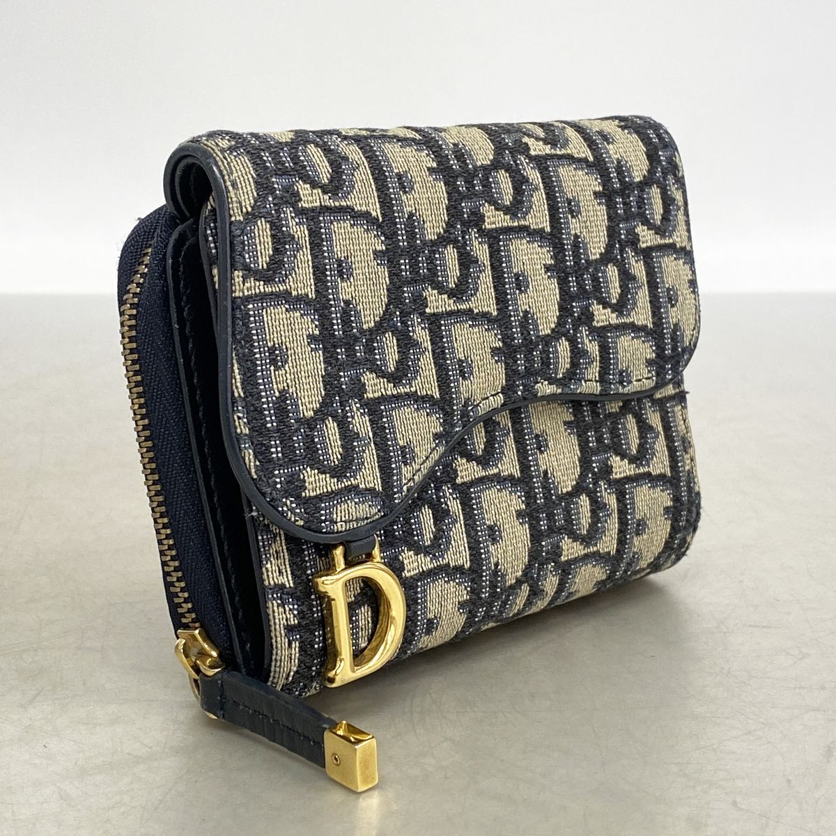 Dior Trifold Wallet Oblique Saddle Canvas Navy Gold — view 2
