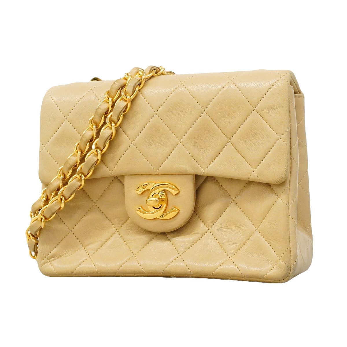 Chanel Shoulder Bag Mini Quilted Lambskin Beige Gold