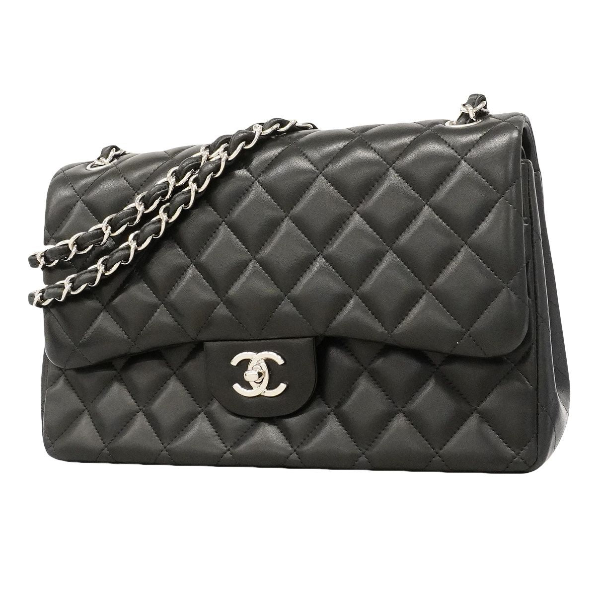 Chanel Shoulder Bag Maxi Quilted Lambskin Black Silver