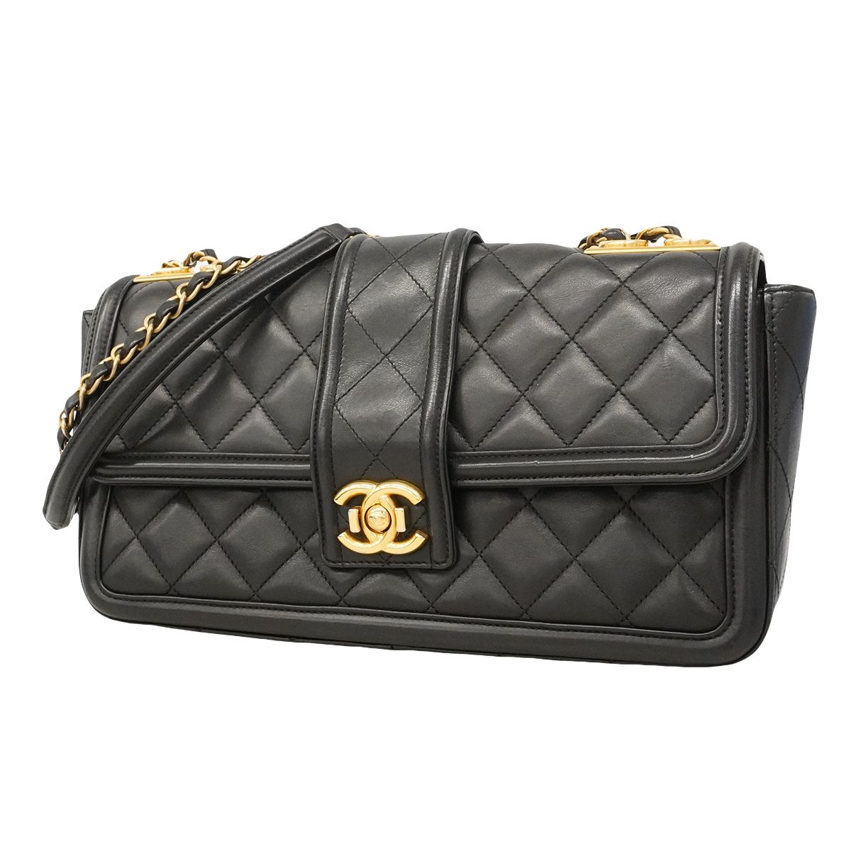 Chanel Shoulder Bag Quilted Lambskin Black Gold