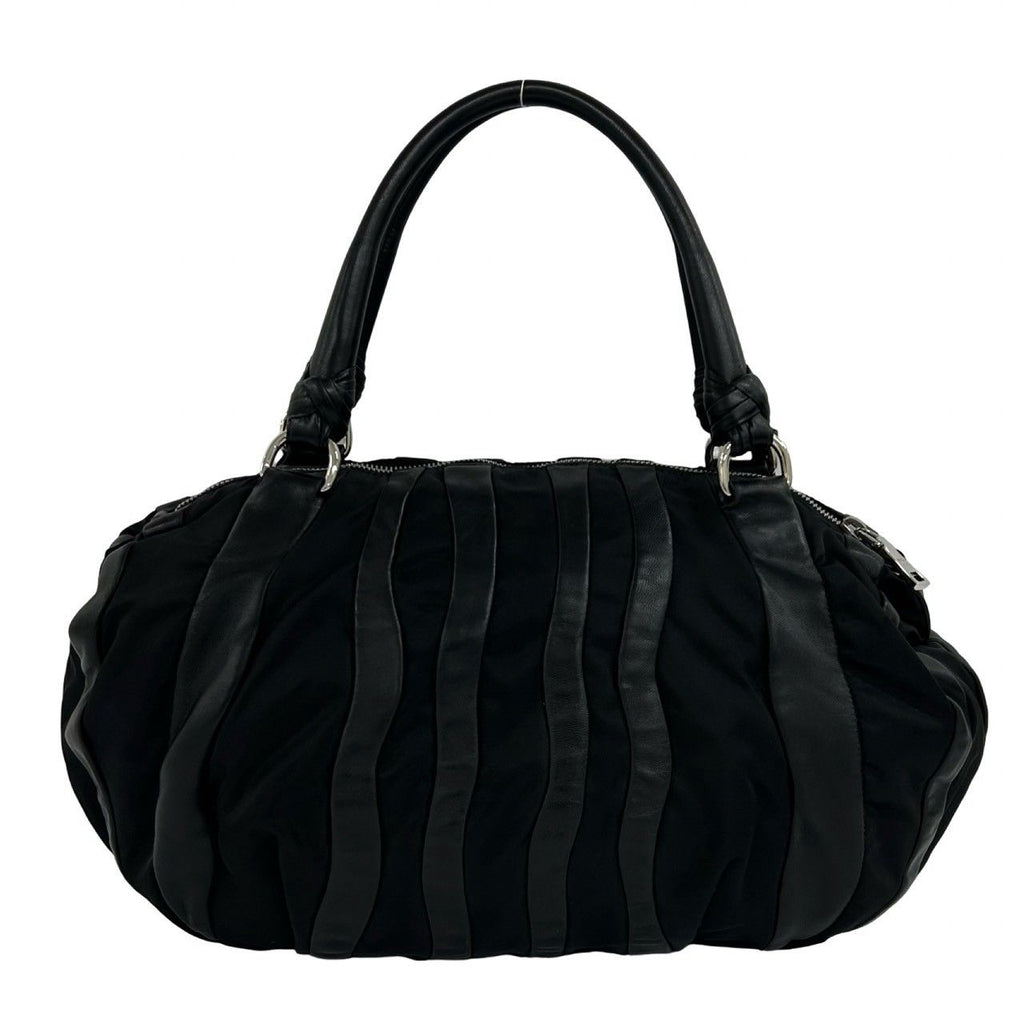 Prada Logo Tessuto Nylon Leather Tote Boston Bag Black — view 3