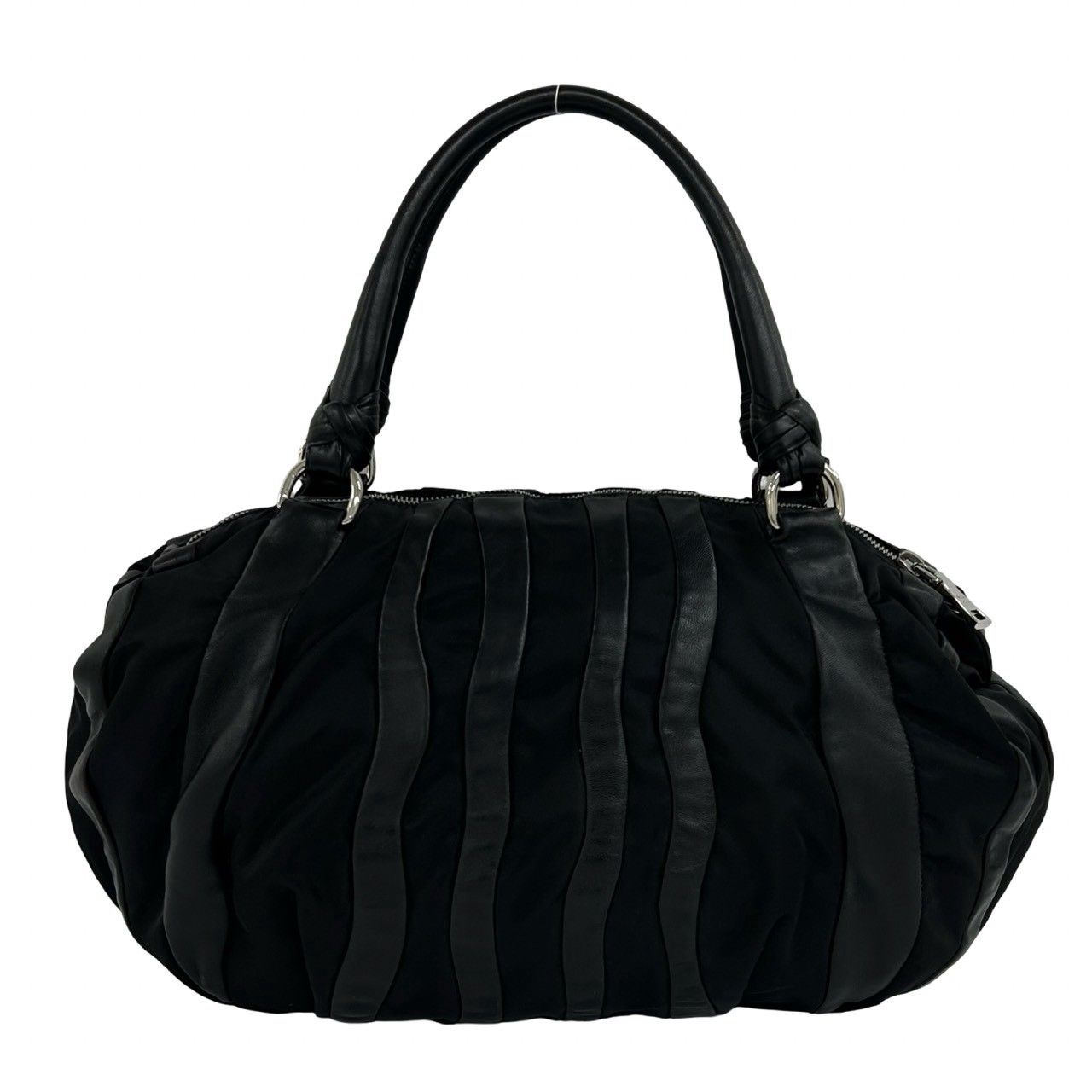 Prada Logo Tessuto Nylon Leather Tote Boston Bag Black — view 3