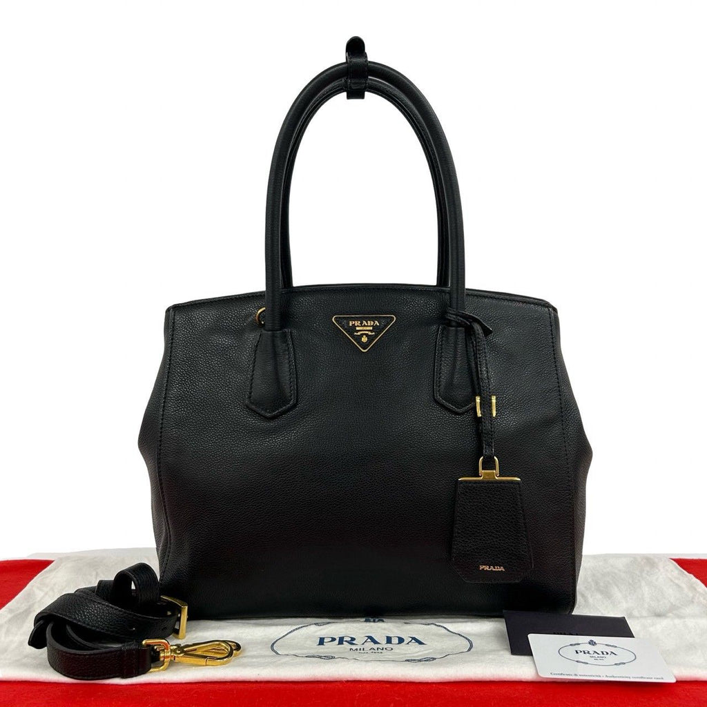Prada Triangle Logo Leather 2-Way Shoulder Bag Tote Black