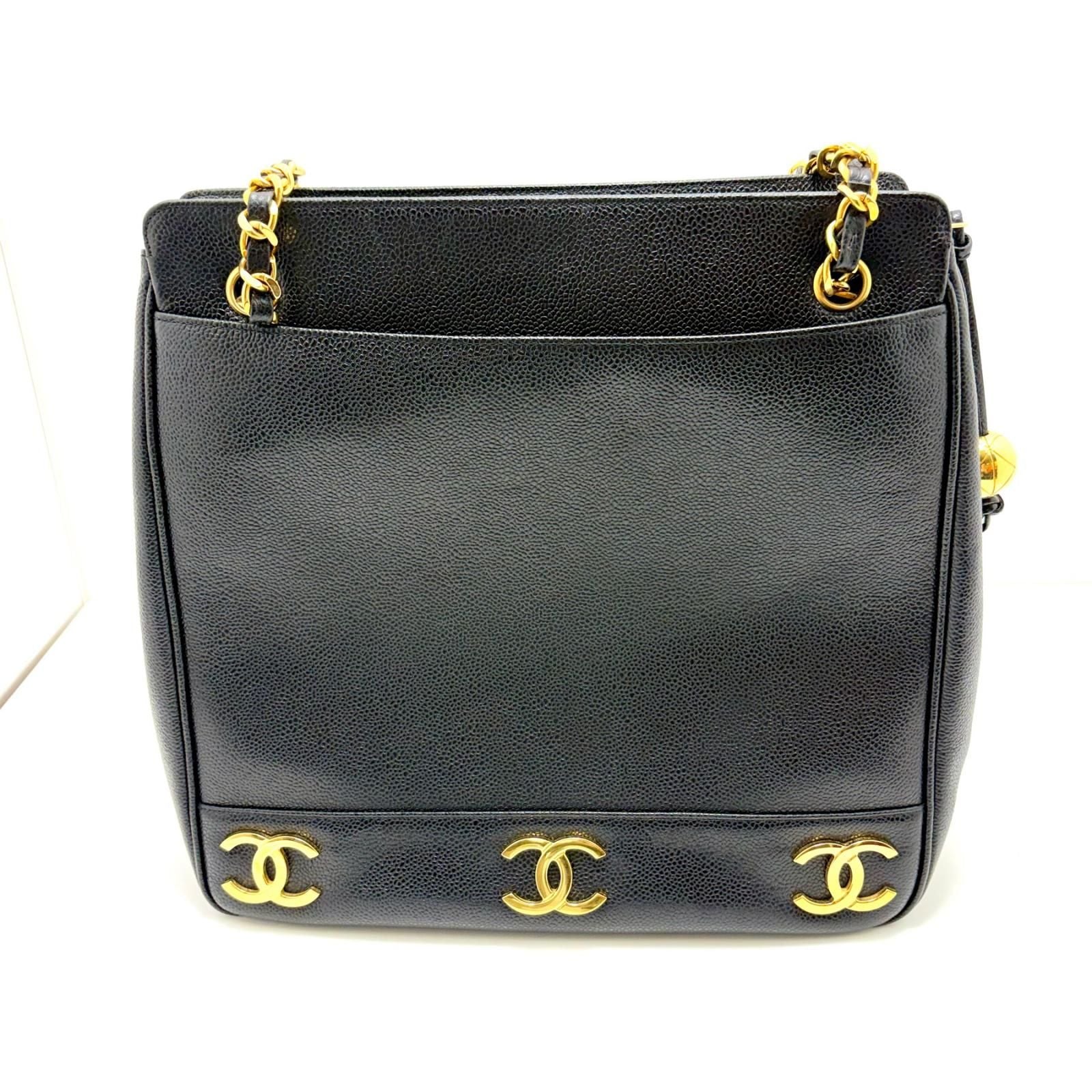 Chanel Triple Coco Chain Shoulder Tote Bag Black Caviar