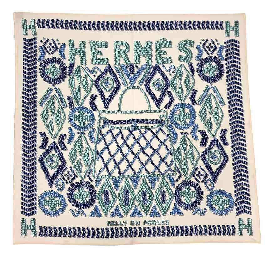 Hermes Carre 90 Scarf Kelly en Perles White Blue Silk