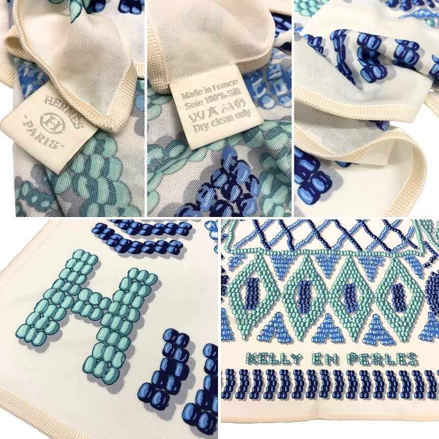 Hermes Carre 90 Scarf Kelly en Perles White Blue Silk — view 3