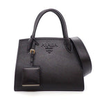 Prada Shoulder Bag Monochrome Small Nero Saffiano Cuir Leather Gold