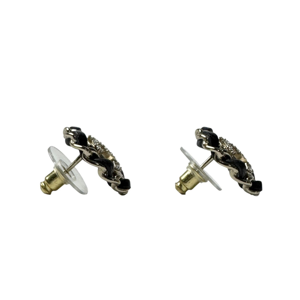 Chanel CC Logo Rhinestone Leather Chain Earrings — view 5