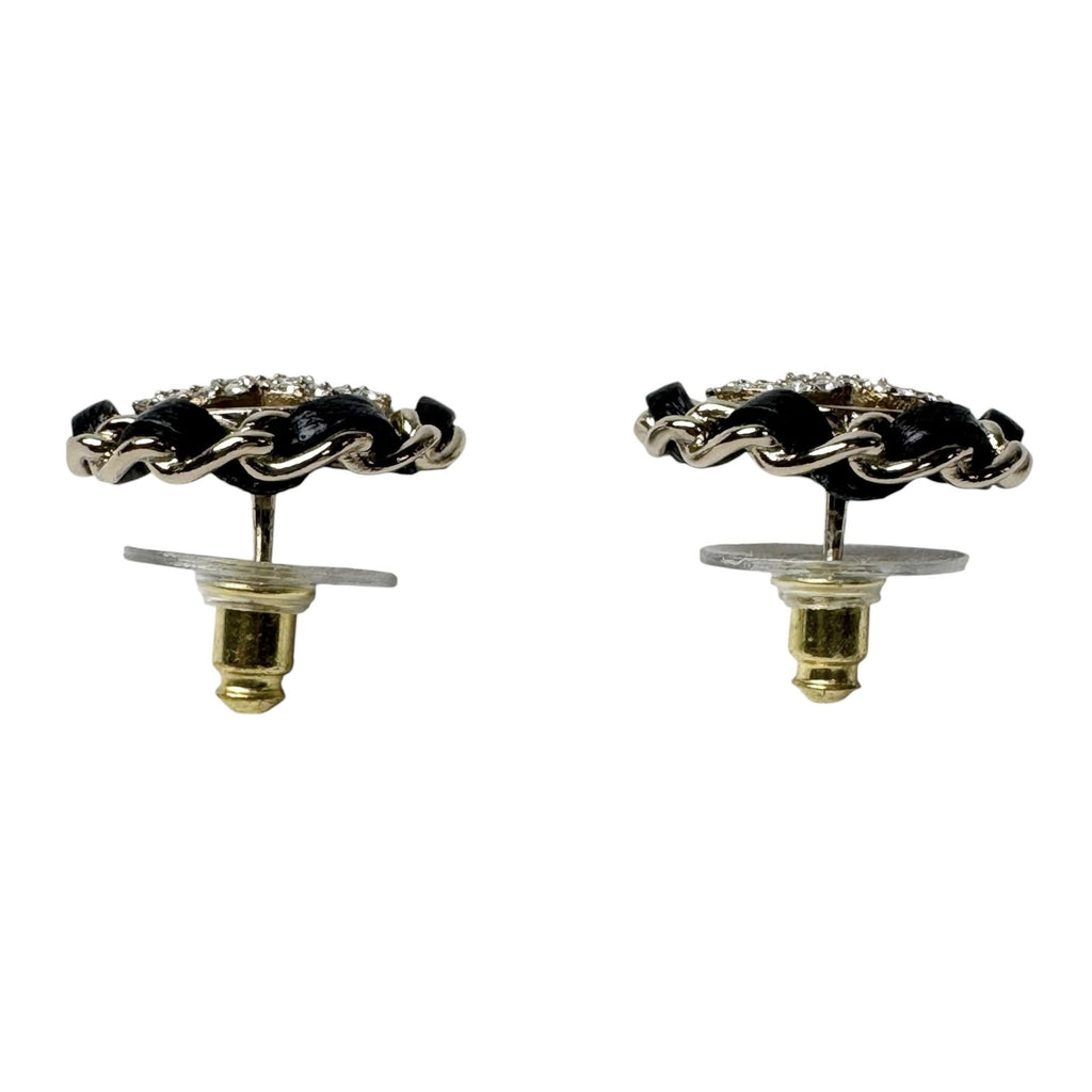 Chanel CC Logo Rhinestone Leather Chain Earrings — view 6