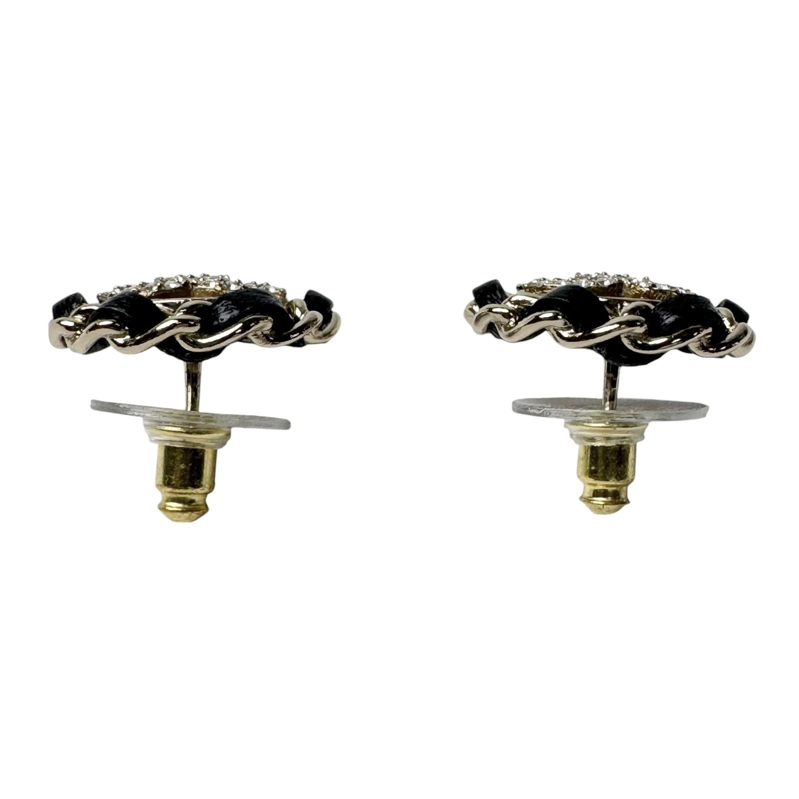 Chanel CC Logo Rhinestone Leather Chain Earrings — view 6