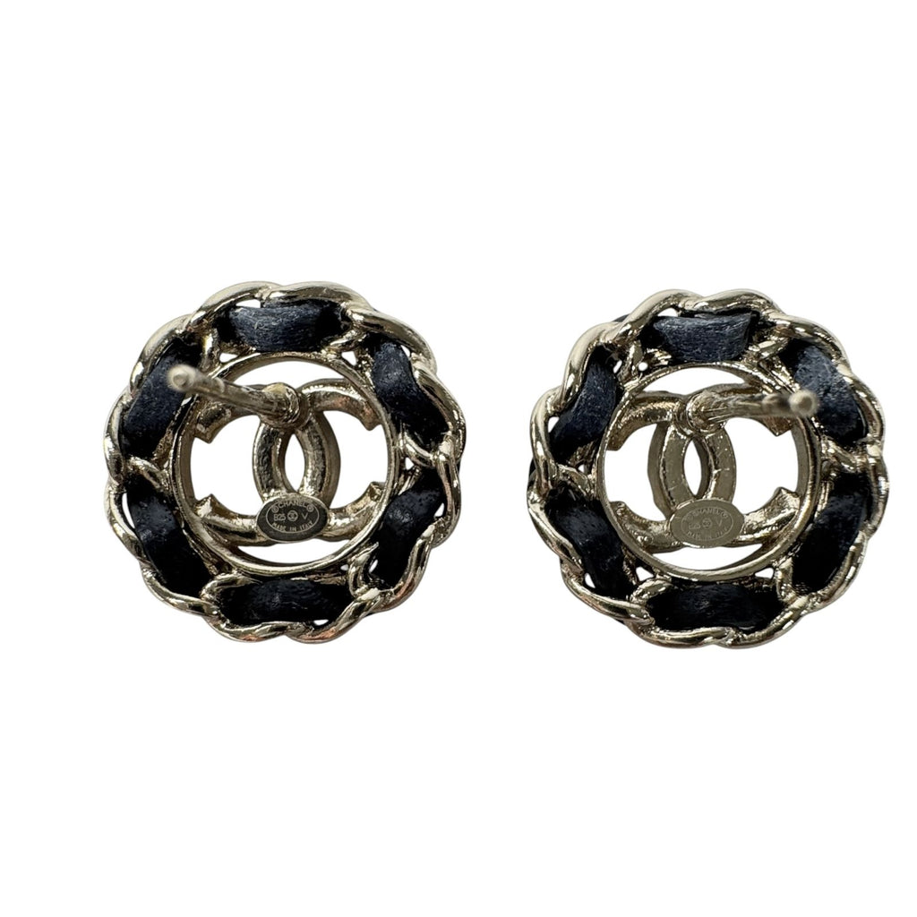 Chanel CC Logo Rhinestone Leather Chain Earrings — view 3