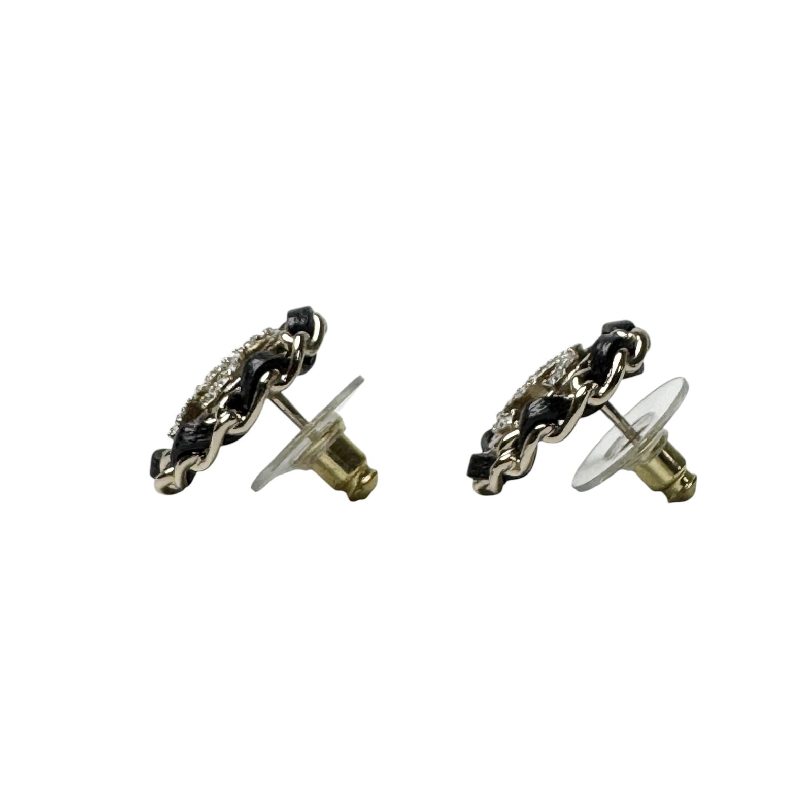 Chanel CC Logo Rhinestone Leather Chain Earrings — view 4