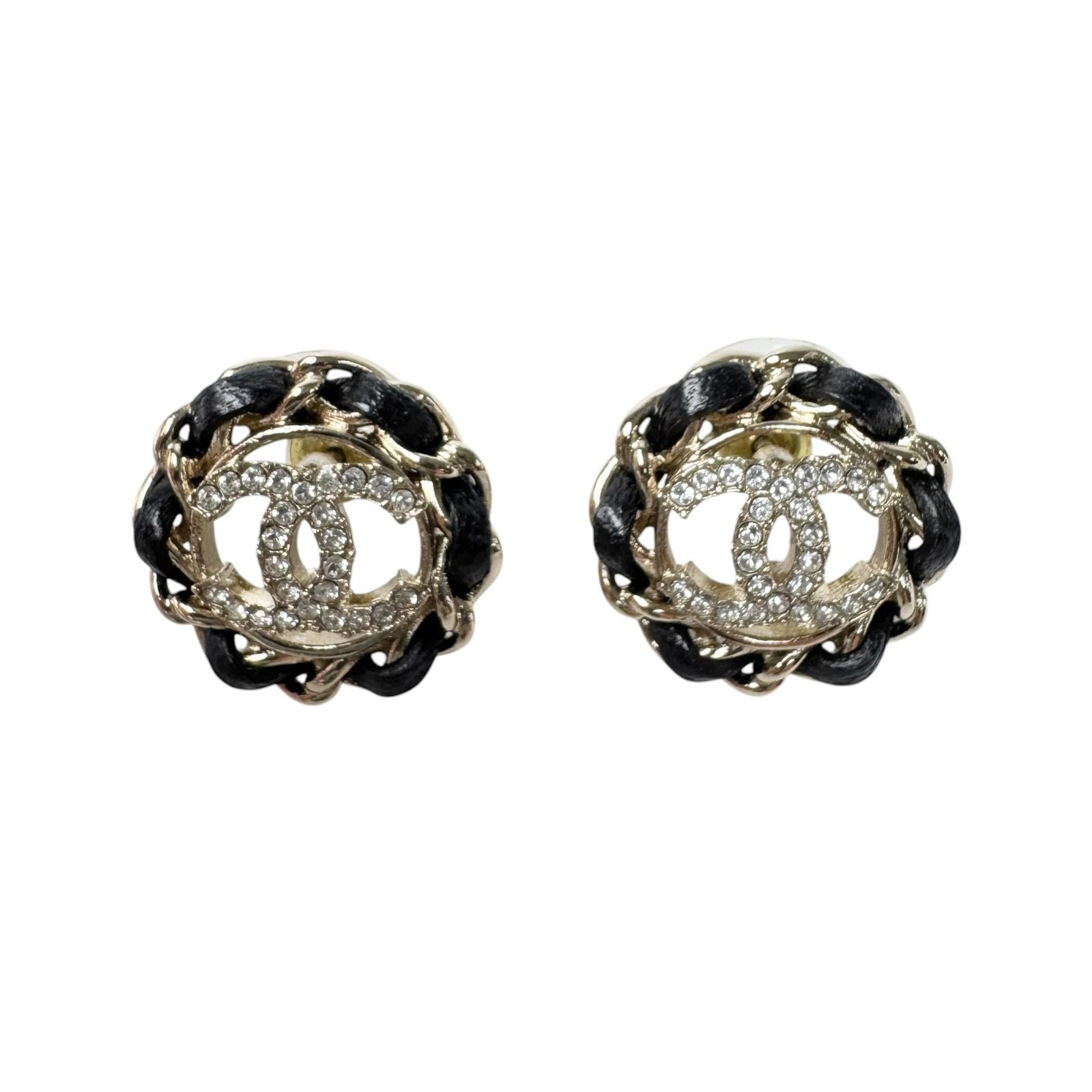 Chanel CC Logo Rhinestone Leather Chain Earrings