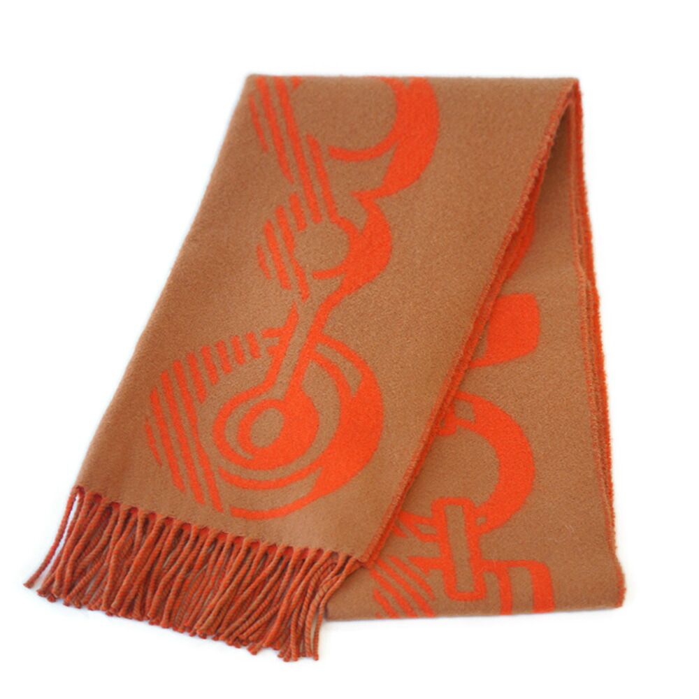 Hermes Scarf Fringe Beige Orange Dore Buckle Cashmere 100%