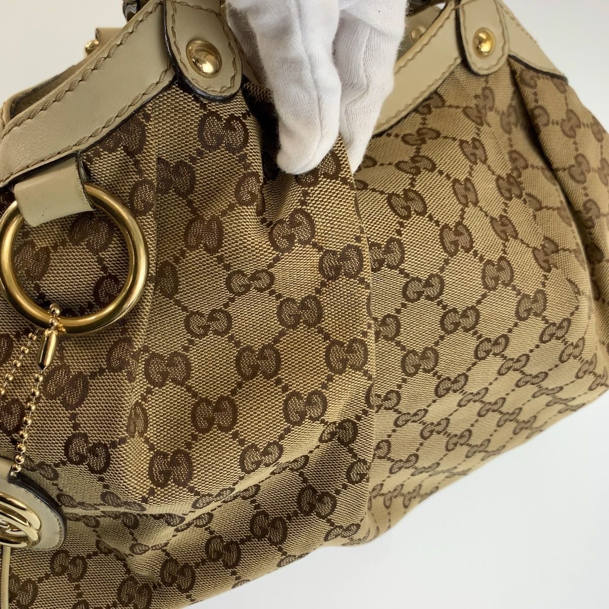 Gucci Sukey Beige Ivory Gold GG Canvas Leather Tote Bag — view 5