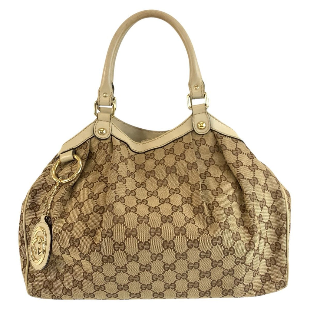 Gucci Sukey Beige Ivory Gold GG Canvas Leather Tote Bag