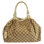 Gucci Sukey Beige Ivory Gold GG Canvas Leather Tote Bag