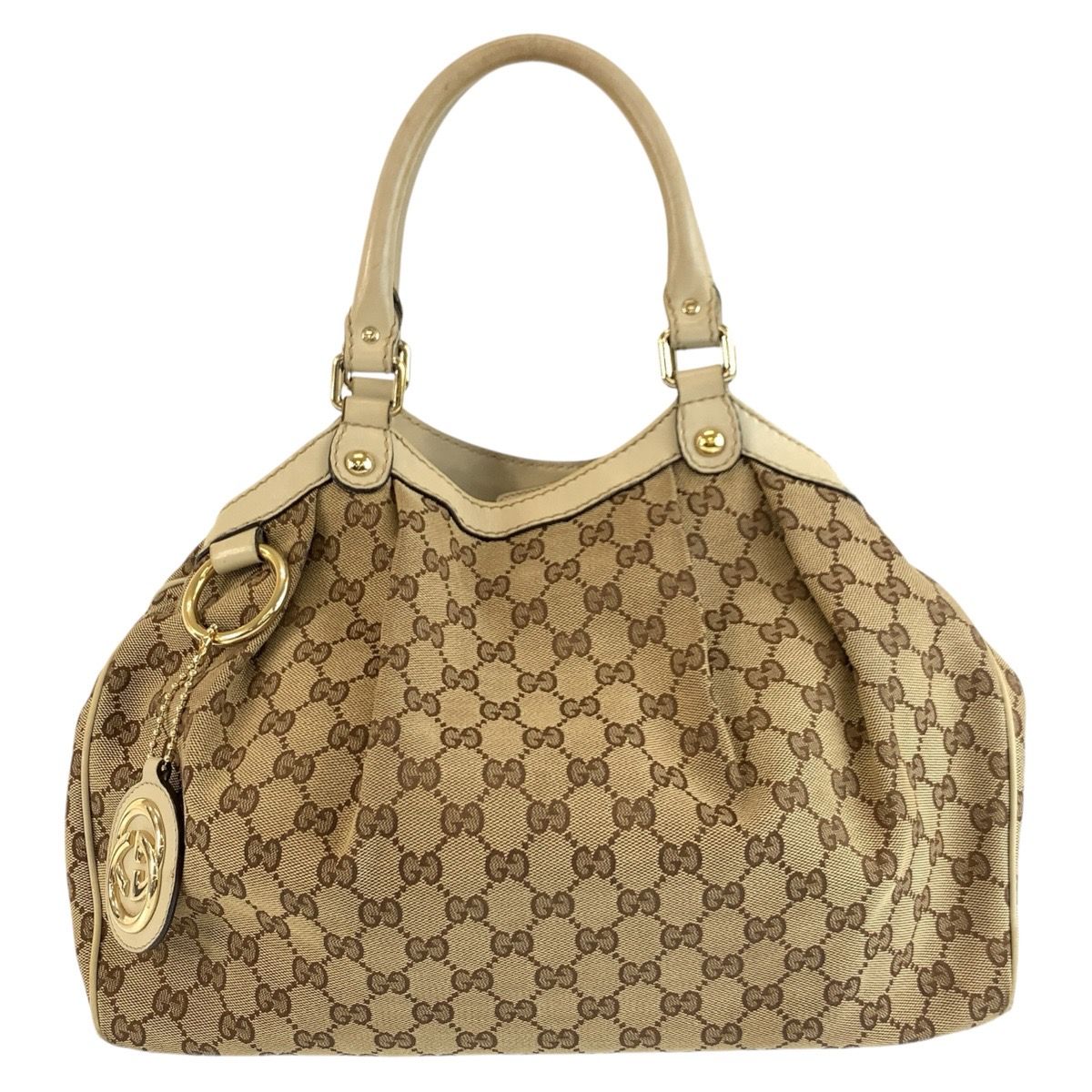 Gucci Sukey Beige Ivory Gold GG Canvas Leather Tote Bag