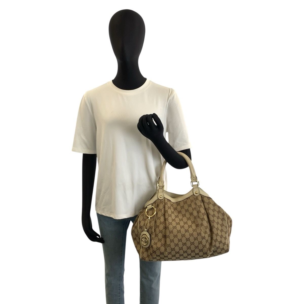 Gucci Sukey Beige Ivory Gold GG Canvas Leather Tote Bag — view 6