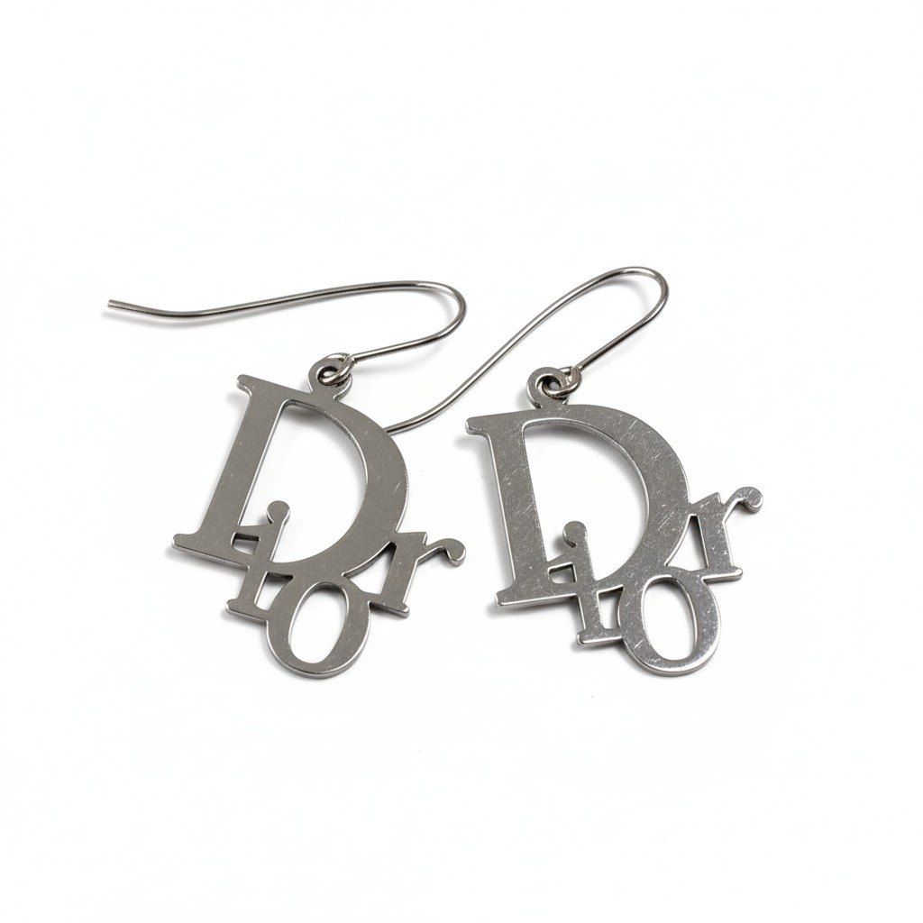 Dior D9 Logo Design Earrings Pierced Silver