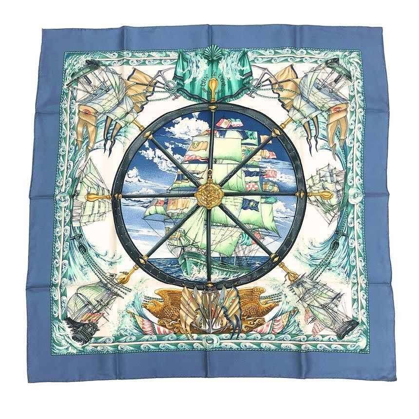 Hermes Scarf Carre 90 Vive le Vent Blow the Wind Blue Silk