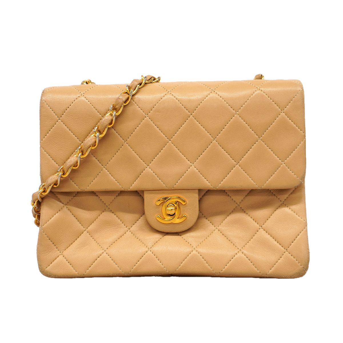 Chanel Shoulder Bag Quilted Lambskin Beige Gold