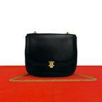 Celine Triomphe Logo Leather Chain Shoulder Bag Pochette Crossbody Black