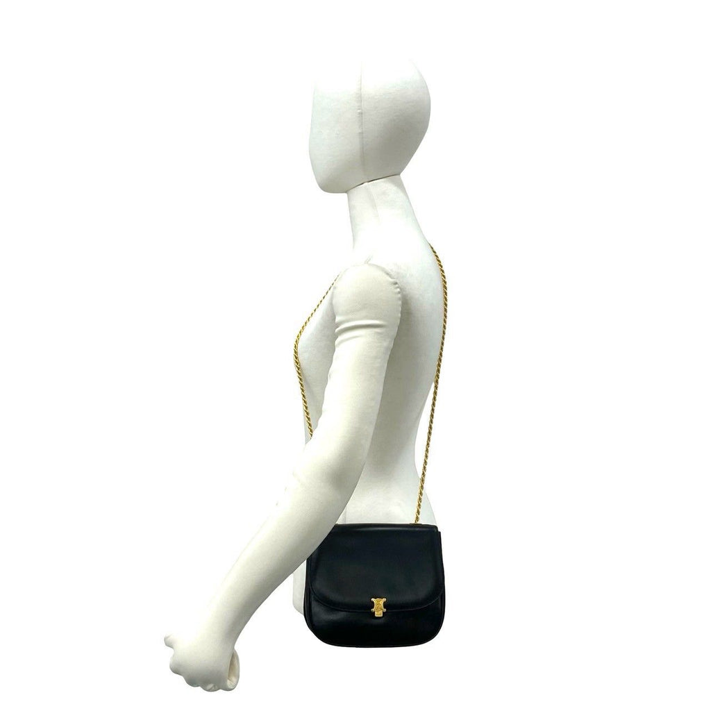 Celine Triomphe Logo Leather Chain Shoulder Bag Pochette Crossbody Black — view 2