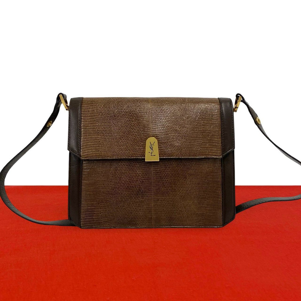 Saint Laurent Vintage YSL Logo Leather Shoulder Bag Pochette Brown