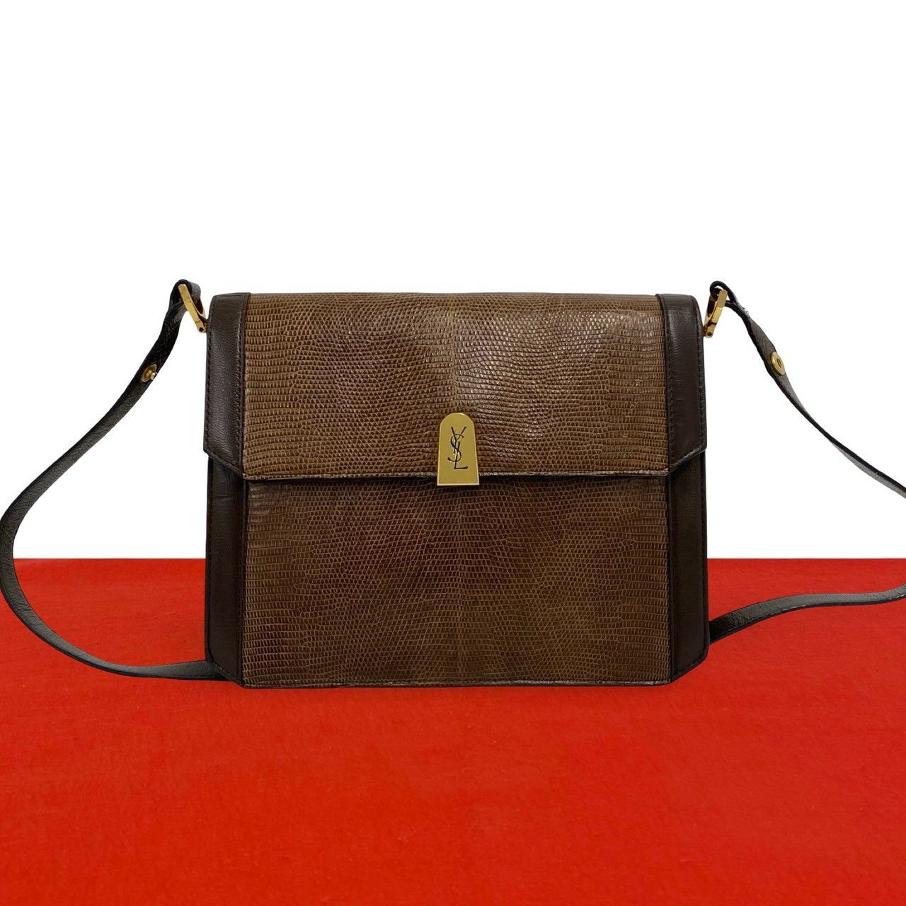 Saint Laurent Vintage YSL Logo Leather Shoulder Bag Pochette Brown