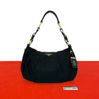 Prada Triangle Logo Tessuto Nylon Leather Shoulder Bag Black