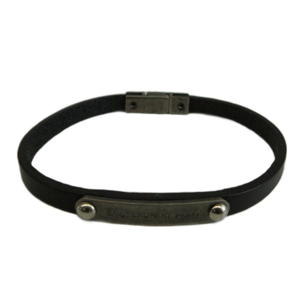 Saint Laurent Paris ID Plate Leather Bracelet Bangle Logo Black