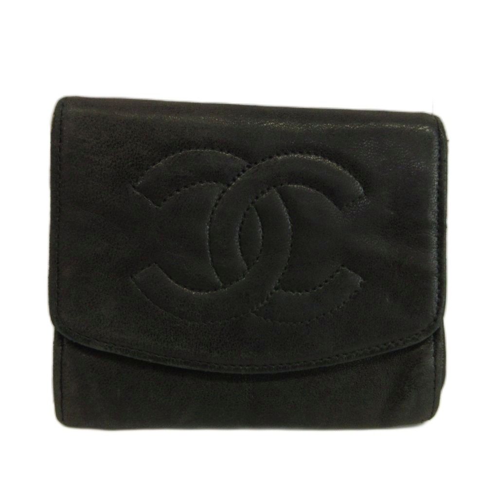 Chanel Vintage Coin Purse Bifold Leather CC Logo Stitch Black