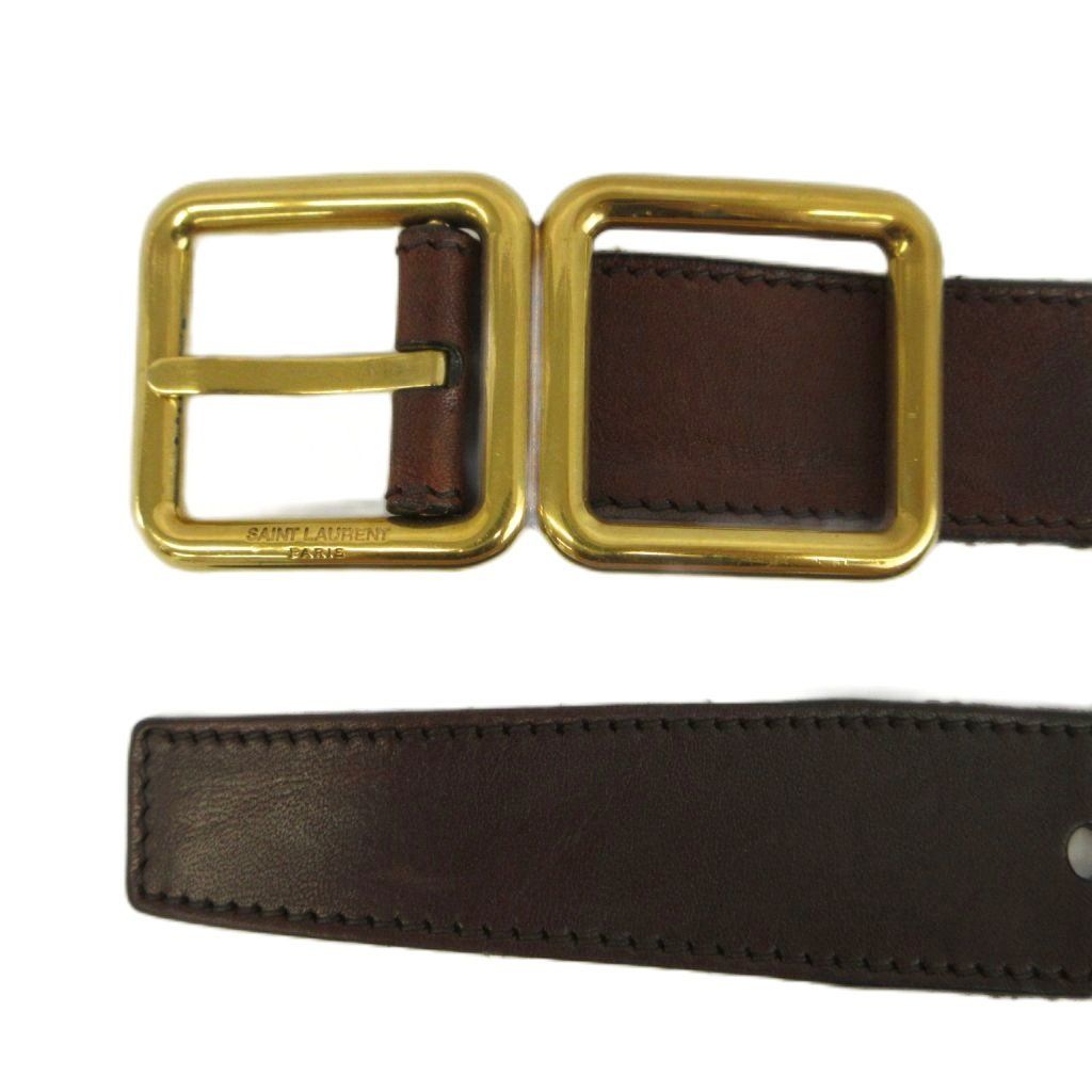 Saint Laurent Paris Double Buckle Leather Belt Cowhide Logo Gold Brown — view 3