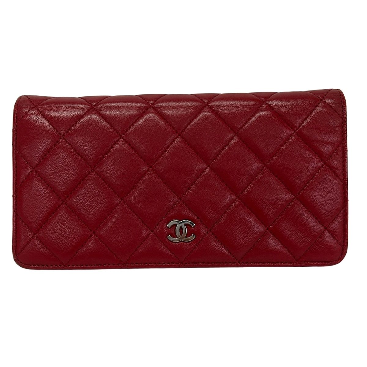 Chanel Wallet Quilted Red Silver Bifold Lambskin