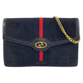 Gucci Vintage Sherry Line Navy Gold Suede Chain Shoulder Bag