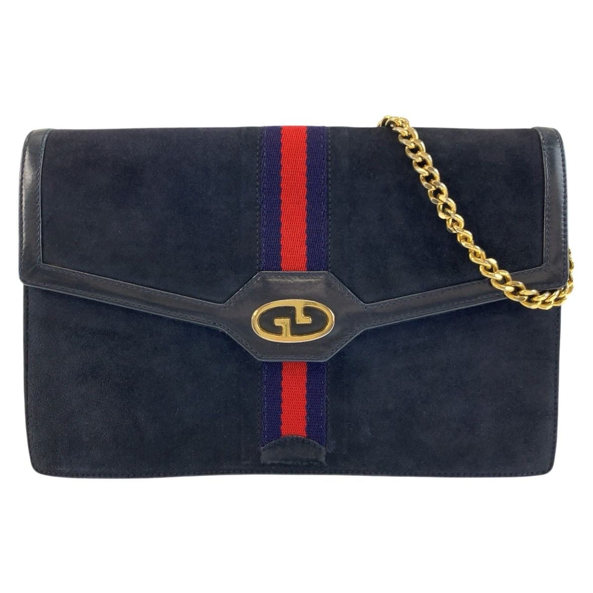 Gucci Vintage Sherry Line Navy Gold Suede Chain Shoulder Bag
