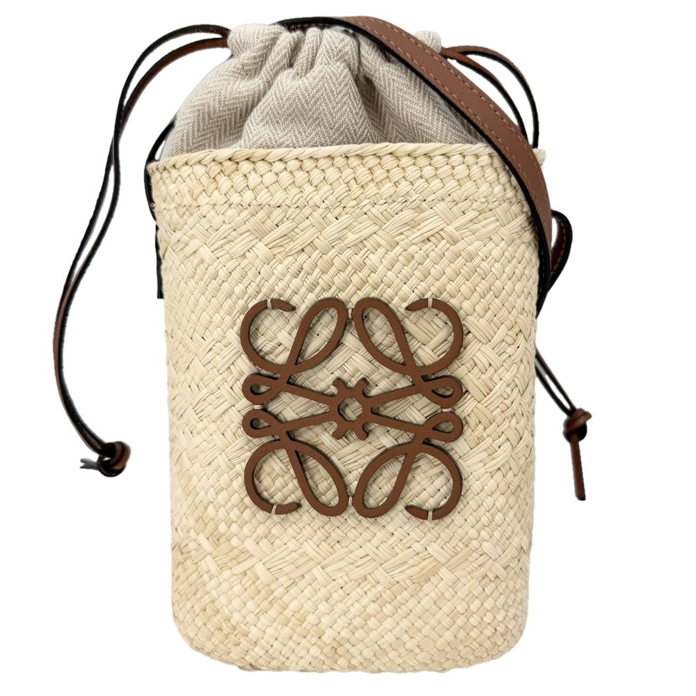 Loewe Shoulder Bag Anagram Square Pocket Basket Crossbody Raffia Beige