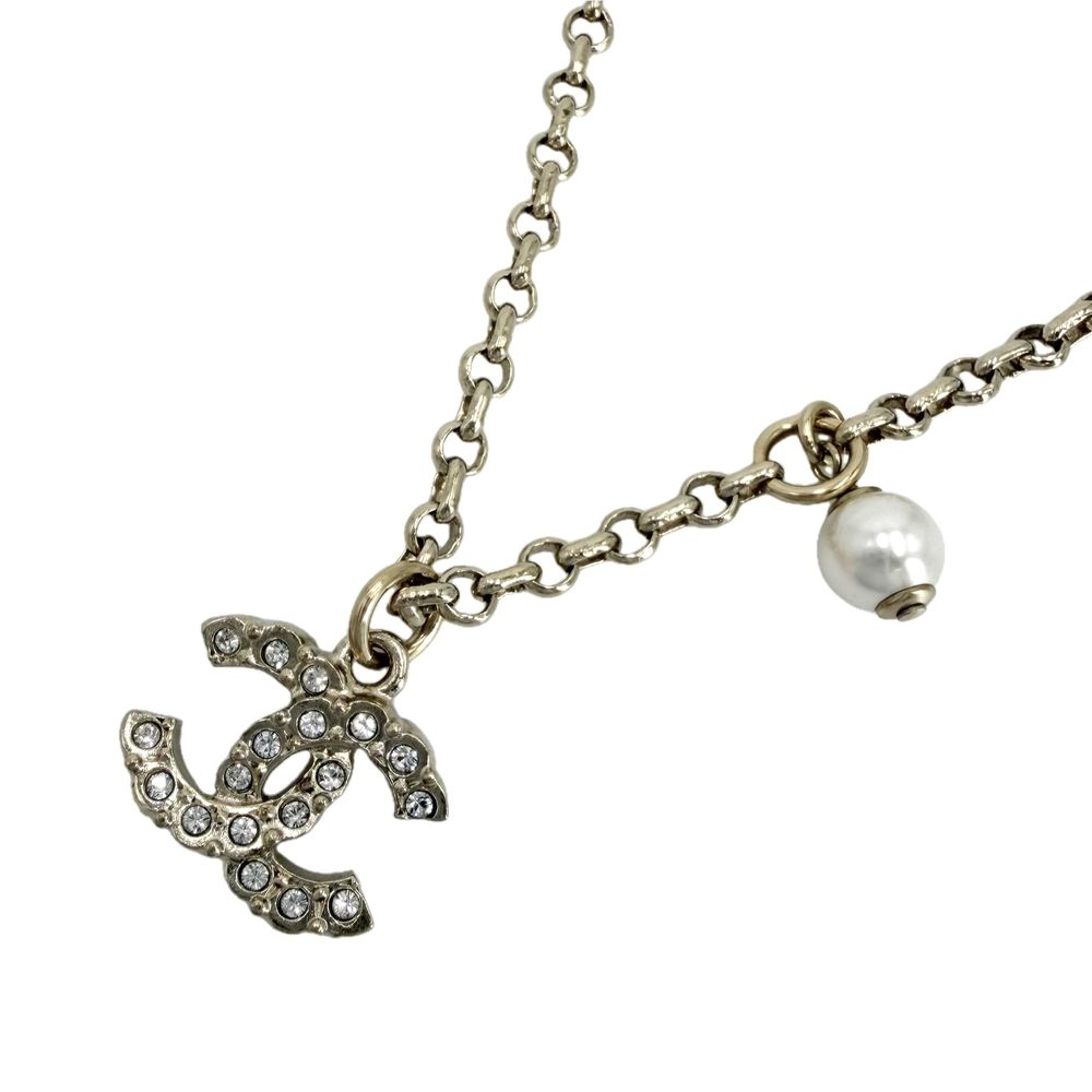 Chanel Necklace CC Logo Rhinestone Faux Pearl Gold