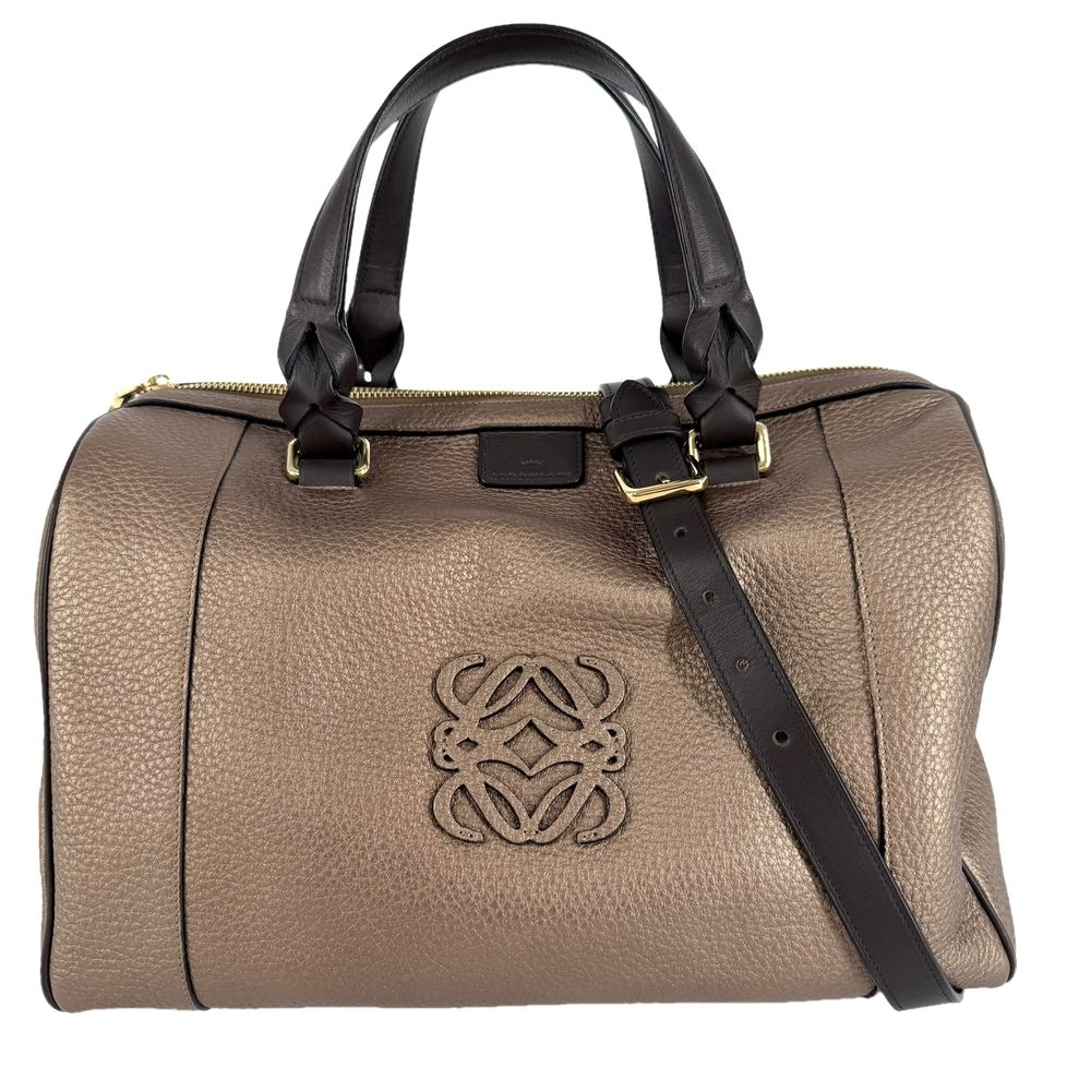 Loewe 2-Way Fusta Anagram Tote Shoulder Boston Bag Metallic Blanc Leather Brown