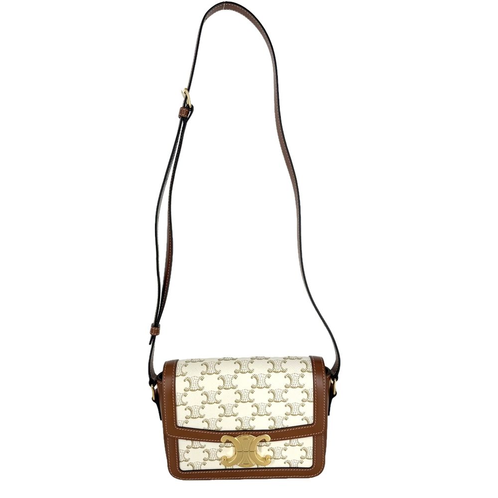 Celine Shoulder Bag Teen Triomphe Crossbody White Brown Gold