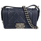 Chanel Shoulder Bag Quilted Boy Crossbody Lambskin Navy Silver