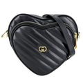 Gucci Shoulder Bag Interlocking G Heart Quilted Crossbody Leather Black Gold