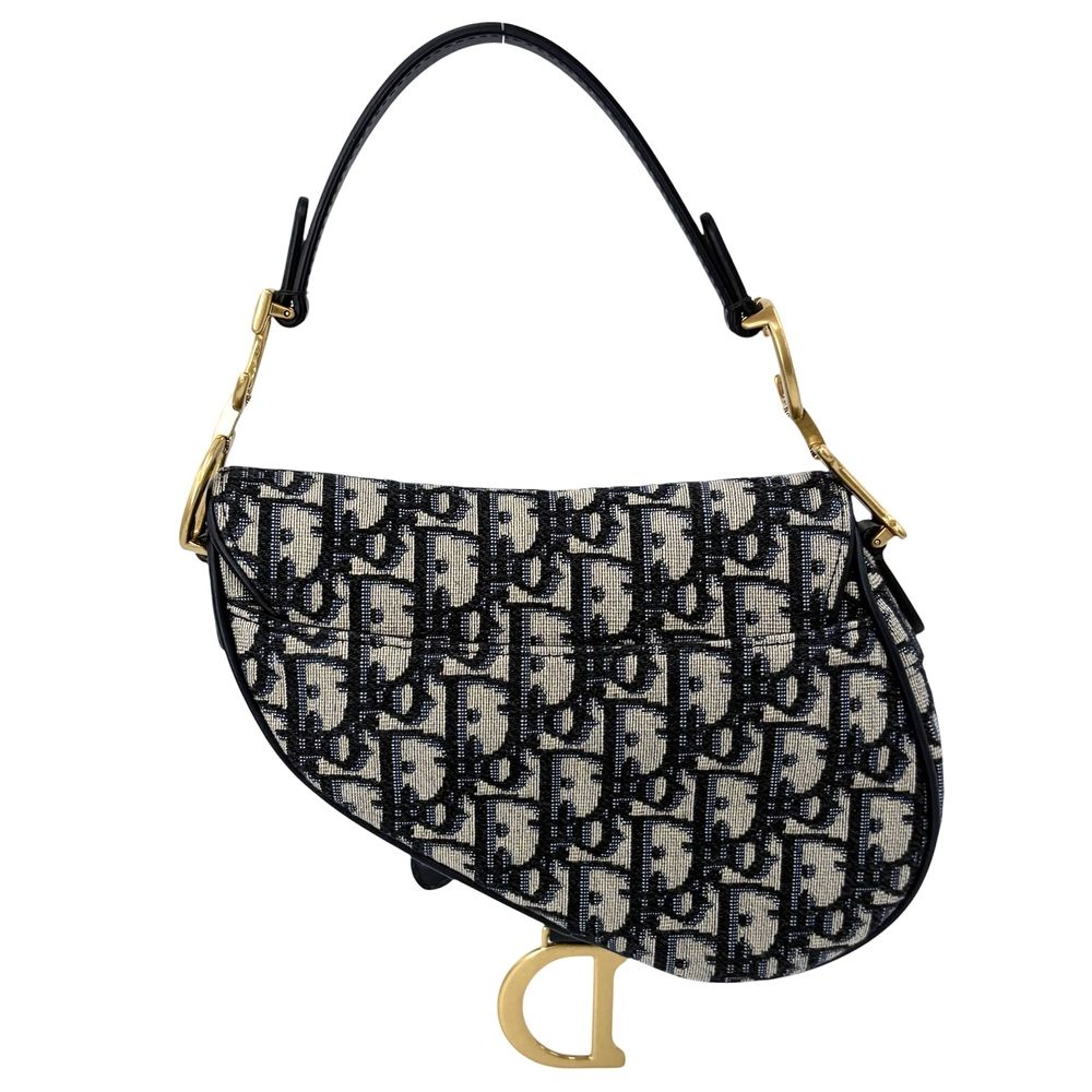 Dior 2-Way Oblique Saddle Bag Crossbody Canvas Leather Navy Beige Gold — view 2