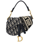 Dior 2-Way Oblique Saddle Bag Crossbody Canvas Leather Navy Beige Gold