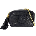 Chanel Shoulder Bag Fringe Quilted Chain CC Logo Crossbody Lambskin Black Gold