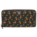 Prada Palm Tree House Nylon Saffiano Leather Black Multicolor Zip Around Wallet