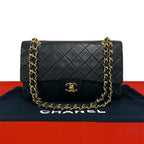 Chanel Vintage Quilted Double Flap Lambskin Chain Shoulder Bag Black